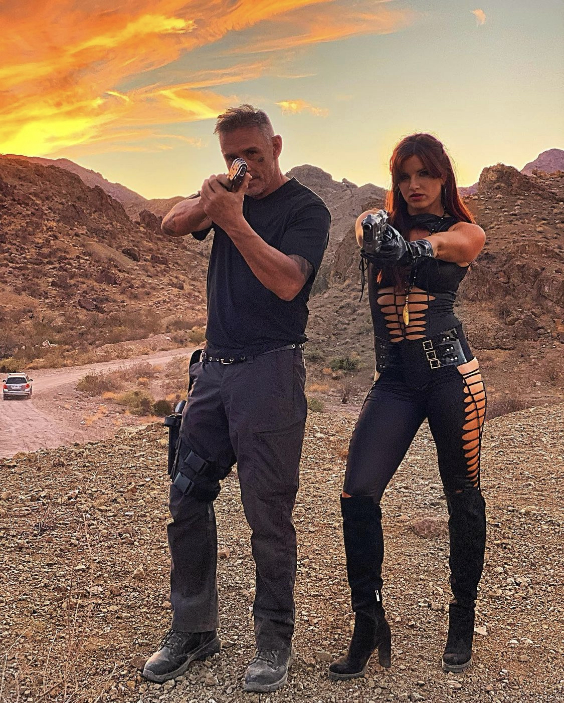 Desert action scene — with co-star at sunset
