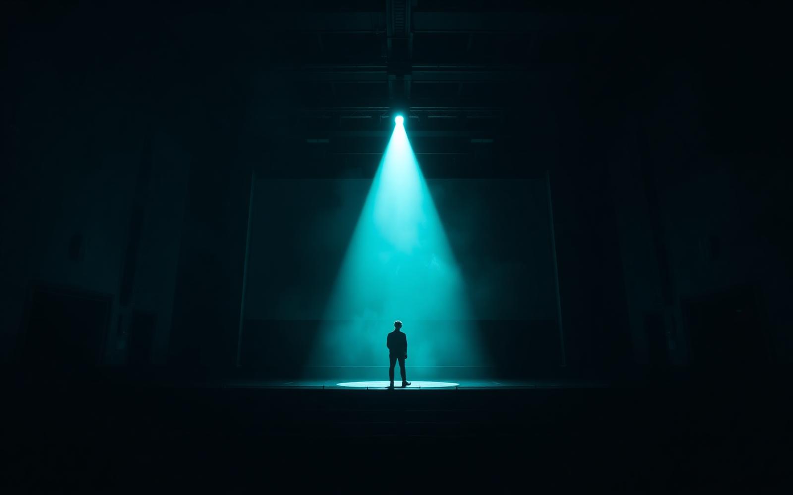 Lone silhouette under a single teal stage light